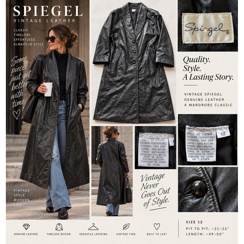 Vintage Spiegel Black Genuine Leather Trench Coat Duster Long Jacket Womens 12